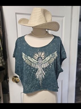 Shyanne Teal Washed Crop Top with White Bird Graphic